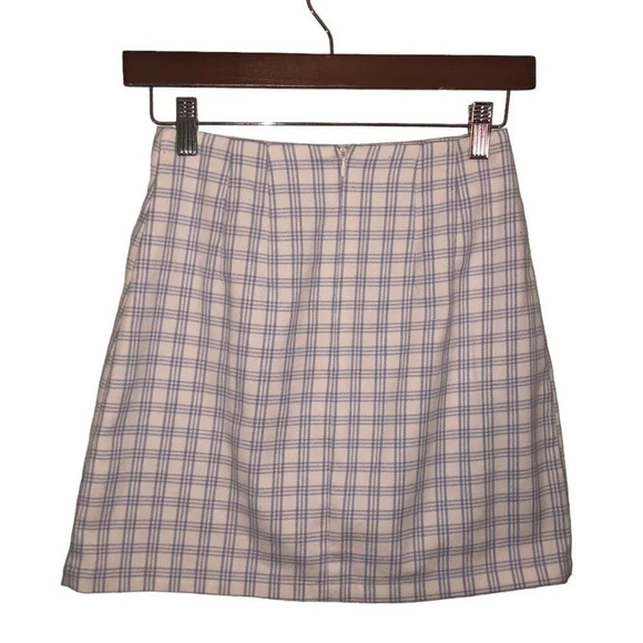 BRANDY Melville Sz XS Women's Cream & Lt Blue Plaid Academia Front Slits Skirt - Picture 4 of 4